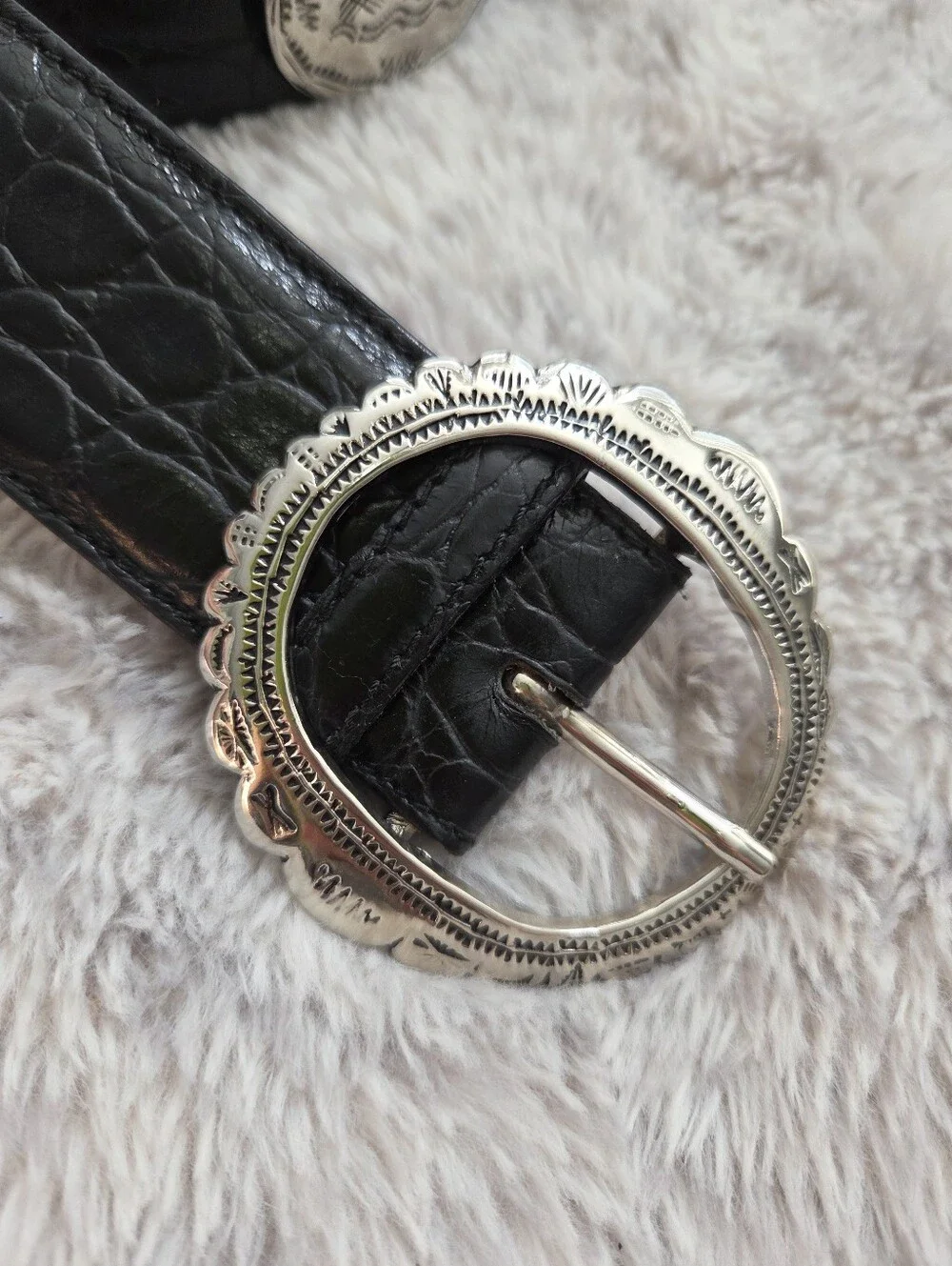 Vintage Harold's Black Croc Embossed Leather Western Concho Belt, Made in Italy